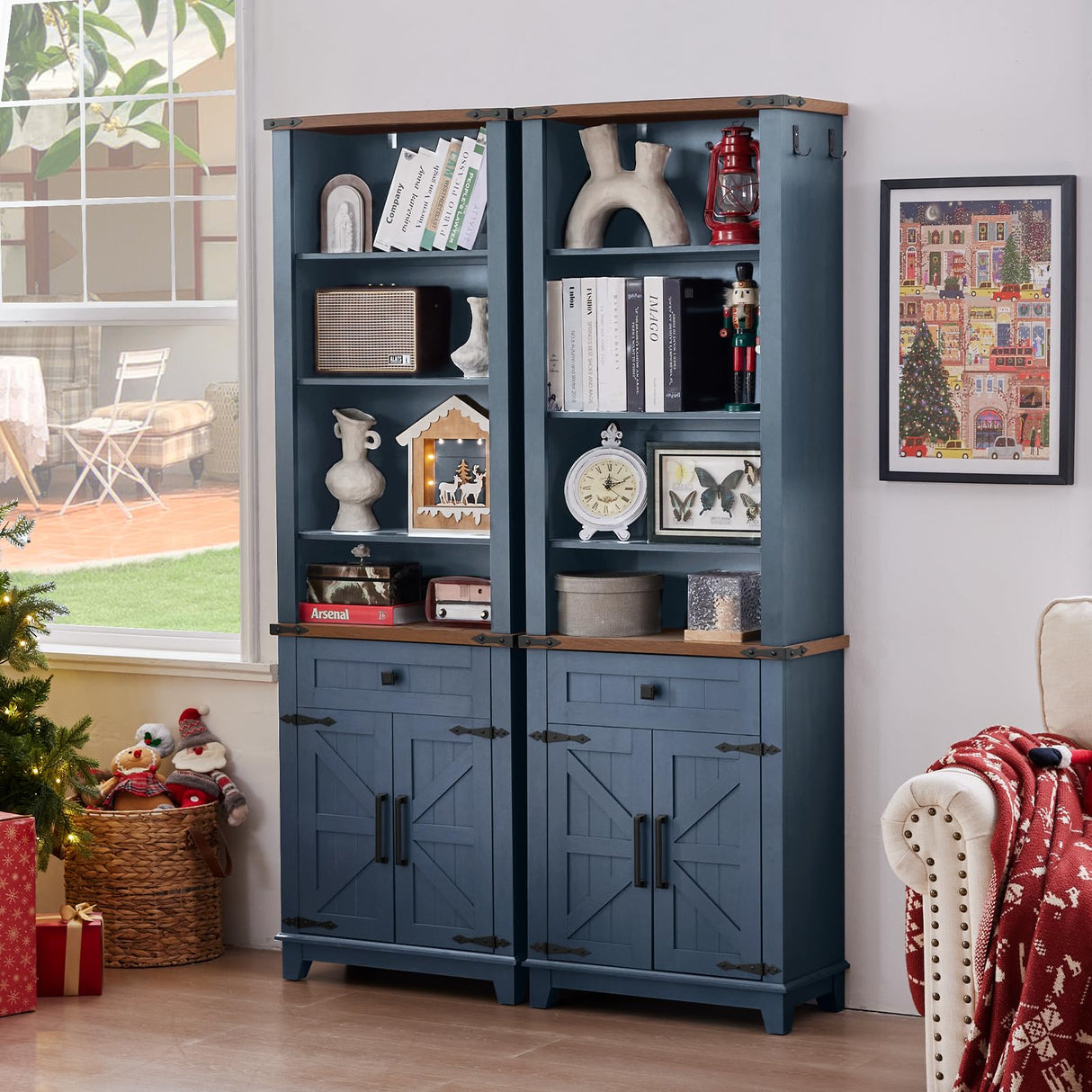 Joaxswe 72in Tall Bookshelf 7 Tier Bookcase with Drawer and Barn Doors and Adjustable Shelves, Blue Farmhouse Book Shelf with Storage Cabinet, Wood Freestanding Display Bookshelves for Living Room Joaxswe