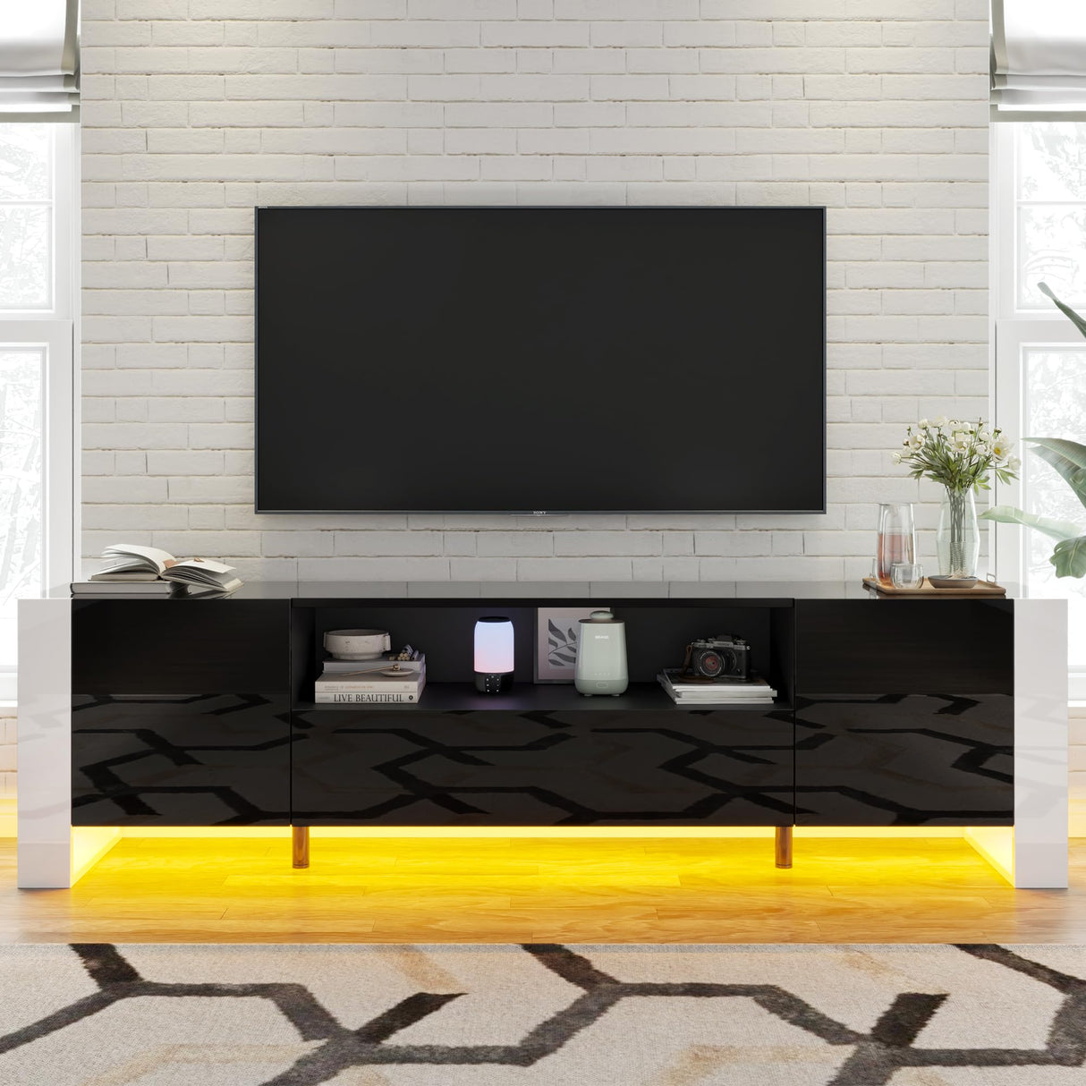 VanAcc 70" High Gloss TV Stand with Storage for Living Room, LED Entertainment Center for Bedroom, Wood U-Shaped Legs TV Cabinet for 80 Inch TV,Black VanAcc