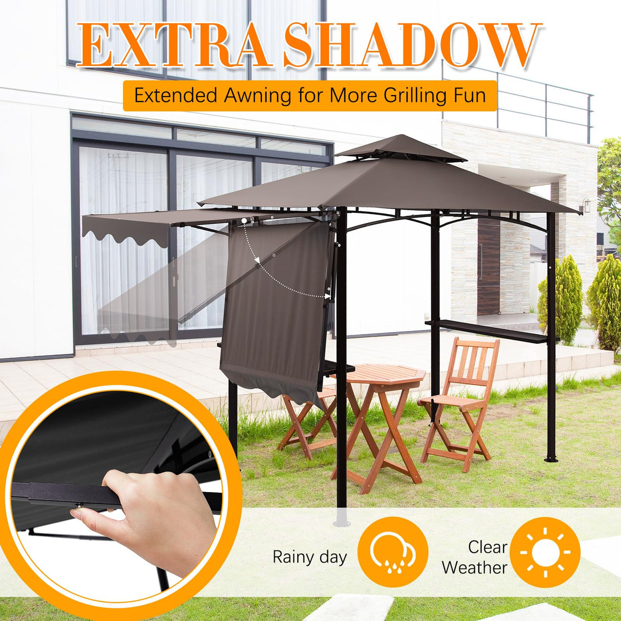 Burbell 5 x 11'grill Gazebo with Extra Shadow with 33ft Outdoor String Lights, Outdoor BBQ Grill Canopy with Extra Side Awnings and LED Lights with 40 Bulbs Waterproof for Patio Party Backyard (Brown) Burbell