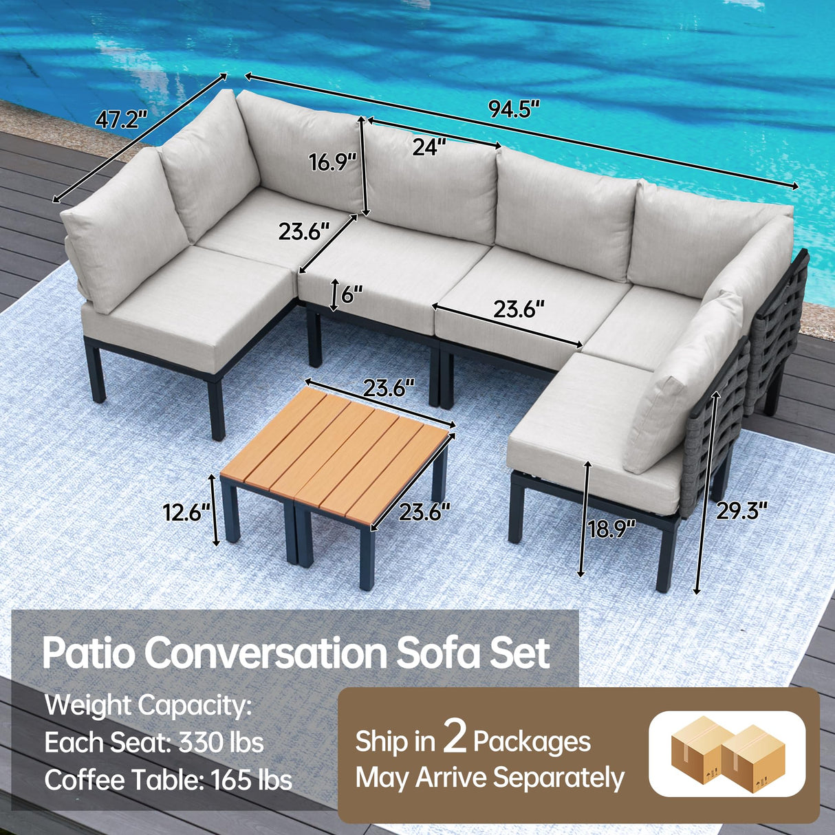 PIZZELLO 8 Piece Patio Furniture Sets, All-Weather Metal Outdoor Couch Sectional Set, Outdoor Conversation Set for Garden, Patio Sofa with 6" Thick Cushions and 2 Coffee Tables, Beige PIZZELLO