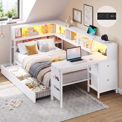 DICTAC Corner Twin Bed Frame with Desk,Charging Station and Bookcase Storage Twin Size Platform Bed Frame with Storage Drawers and Led Lights Metal Daybed with Open Shelves for Kids and Teen,White
