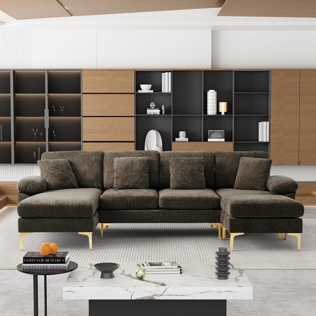 OUYESSIR U-Shaped Sectional Sofa Couch, 4 Seat Sofa Set for Living Room, Convertible L-Shaped Chenille Couch Set with Chaise Lounge, Ottoman and Pillows,114 inches (Brown) OUYESSIR