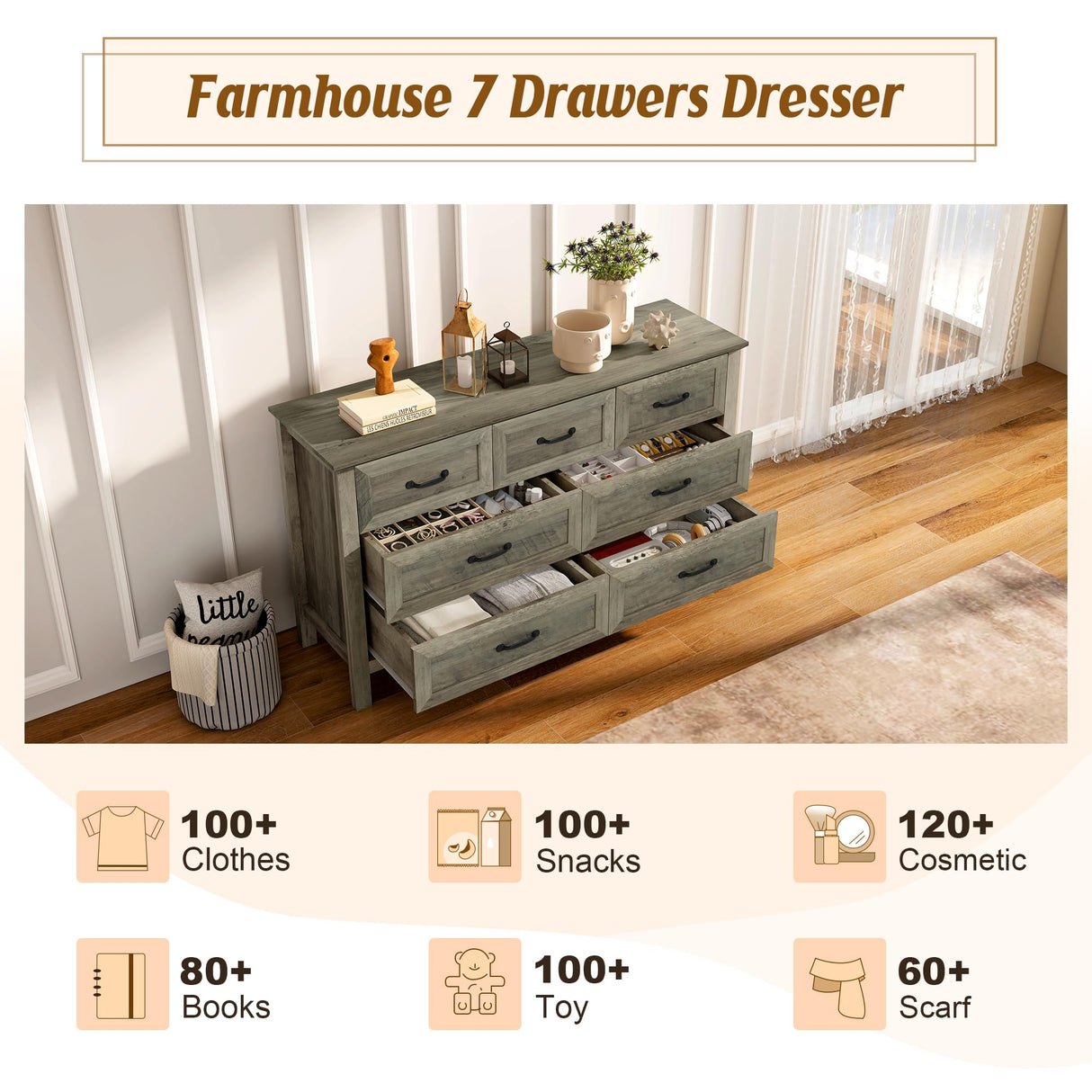 Nasonet Farmhouse 7-Drawer Dresser for Bedroom, 52" Wide Wood Chest of Drawers with Large Metal Handles, Grey Dressers Storage Organizer for Bedroom, Living Room & Hallway Nasonet