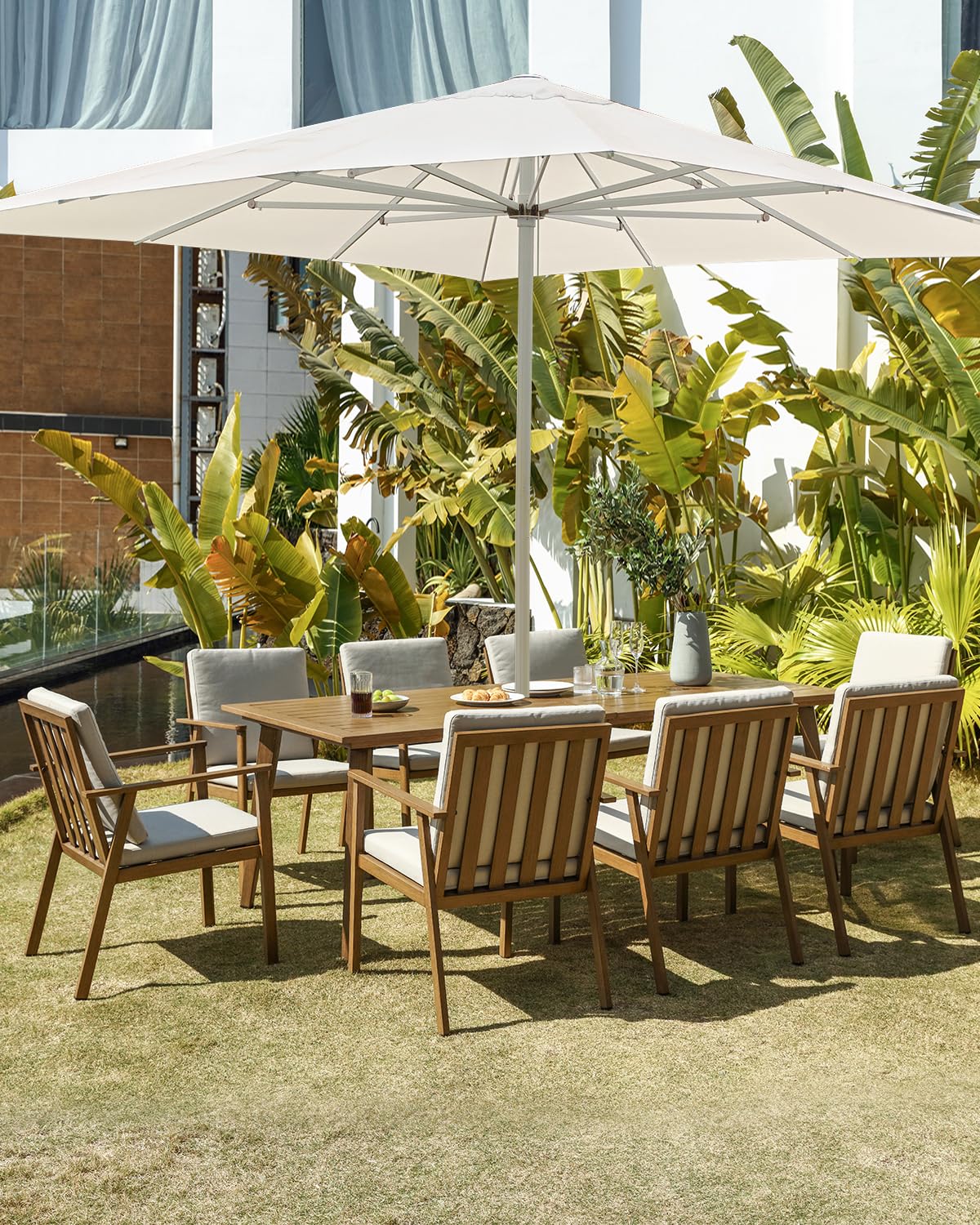 SEEHILL 9 Pieces Patio Dining Set for 8, Outdoor Aluminum Dining Furniture Set with Umbrella Hole, Modern All-Weather Outdoor Patio Table Sets with 8 Chairs and Table for Deck Garden Poolside, Teak SEEHILL