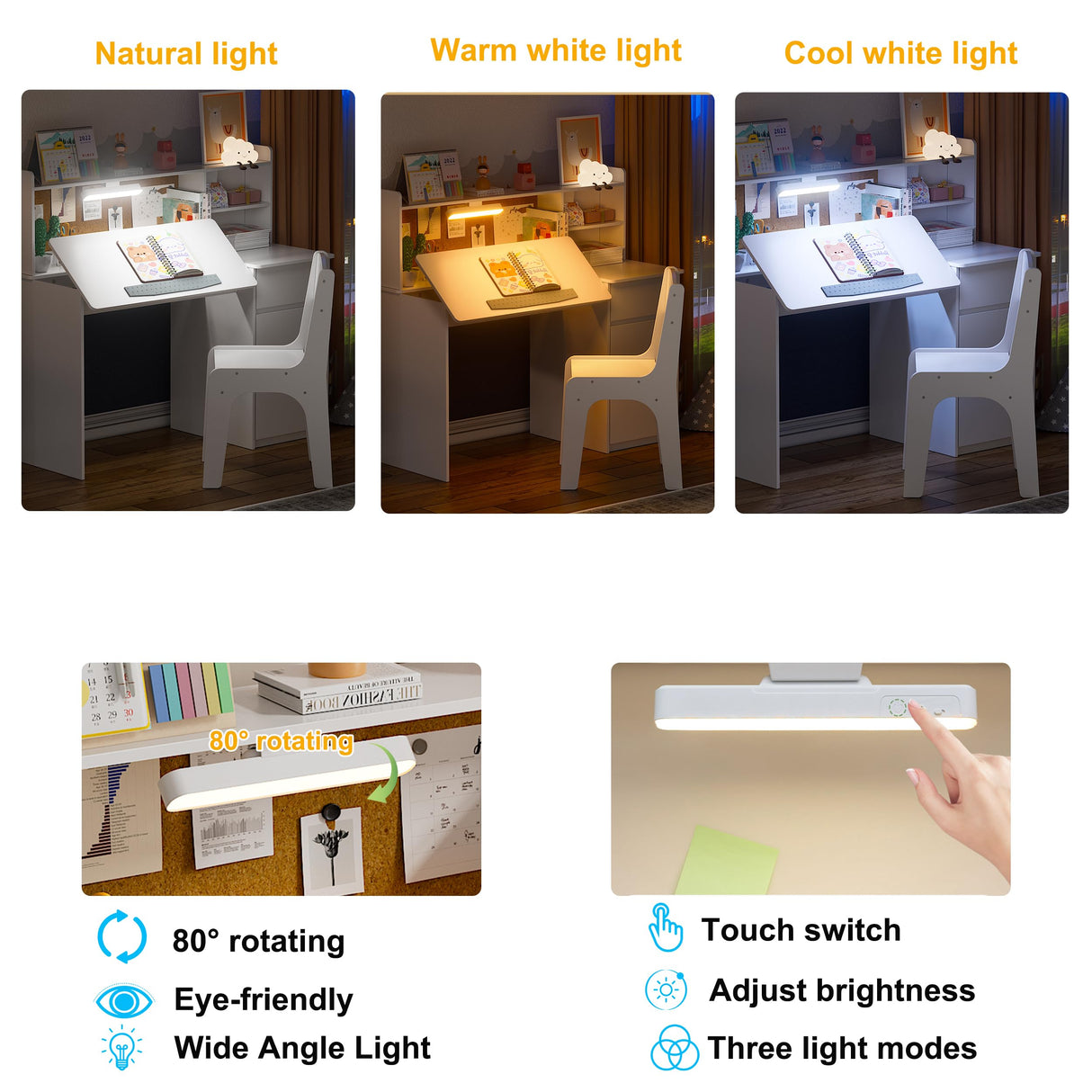 PAKASEPT Kids Desk and Chair Set,Kids Study Desk with 3-Color Lights(Not Rechargeable),Tiltable Desktop,Multi Functional Table for Kids 5-12,Student Writing Desk with Hutch,Storage Cabinet for Bedroom PAKASEPT