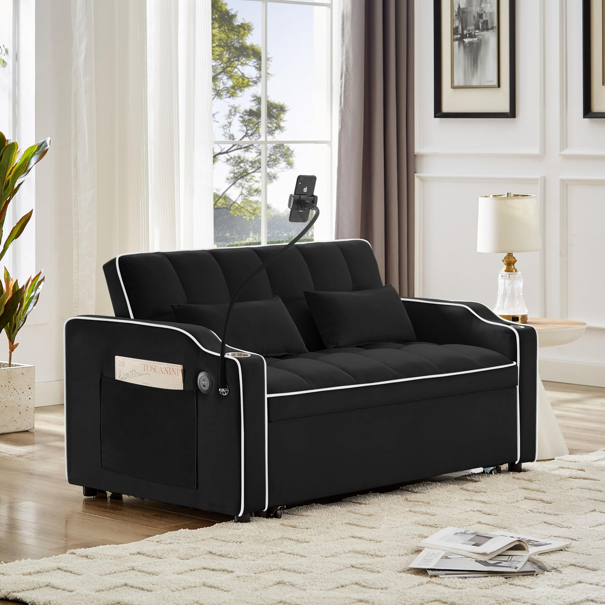 KEIKI 55" Velvet Convertible Loveseats Pull-Out Sleeper Sofa Bed with Adjsutable Back, 2 Arm Pocket, USB, 2-Seater Couch with Ashtray and Swivel Phone Stand, Easy Assembly, for Living Room, Black KEIKI