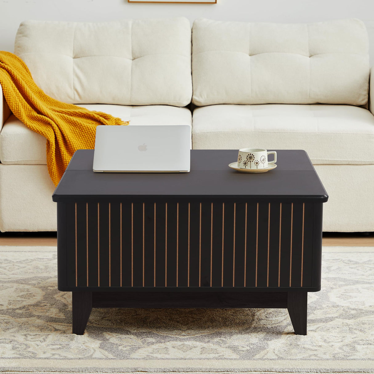 NVETHM Lift Top Coffee Table, Square Coffee Table with Hidden Storage Compartment, Farmhouse Wood Center Table Dining Table for Living Room, Bedroom, Home Office (Black) NVETHM