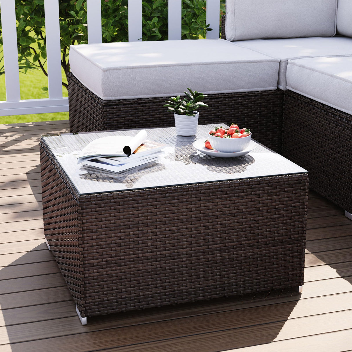 COSIEST Outdoor Furniture Brown Wicker Glass-Top Coffee Table for Expanding Sectional Sofa Set for Garden, Pool, Backyard COSIEST
