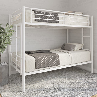 HomJoones Twin Over Twin Metal Bunk Bed with Trundle Heavy Duty Twin Size Metal Bunk Beds Frame with 2 Side Ladders Convertible Bunkbed with Safety Guard Rails,No Box Spring Needed (White2)