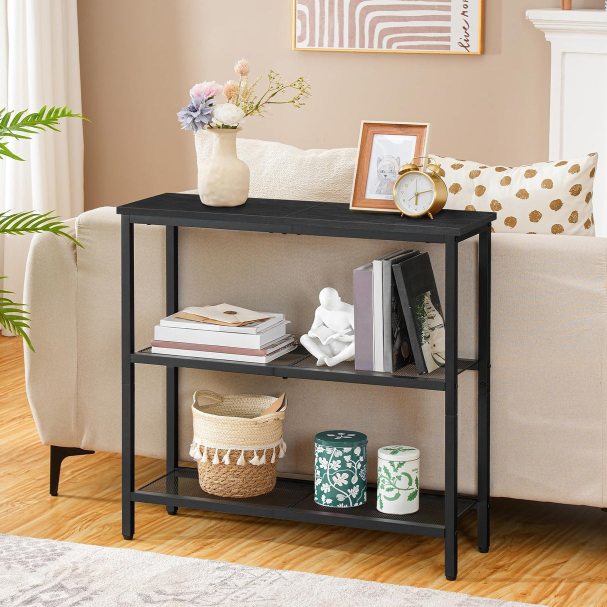 HOOBRO 29.5" Narrow Console Table, 3-Tier Entryway Table, Thin Sofa Table with Shelves, Side Table, Display Table, for Hallway, Entrance, Living Room, Bedroom, Black BB73XG01 HOOBRO