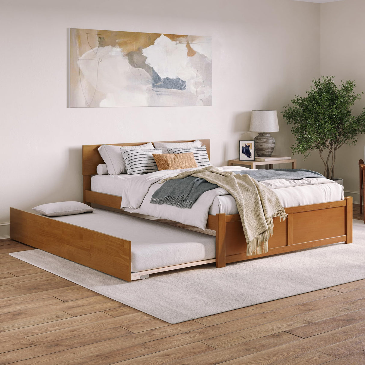 AFI Orlando Queen Solid Wood Platform Bed with Footboard & Twin XL Trundle in Light Toffee AFI