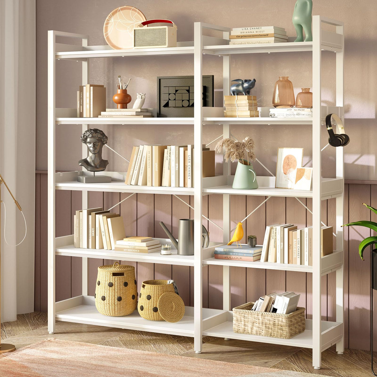 Rolanstar Bookshelf 5 Tier with 4 Hooks, Reversible Corner Bookshelf, 65" Industrial Wooden Bookcase with Open Shelves and Metal Frame for Living Room, Bedroom, Home Office, White Rolanstar