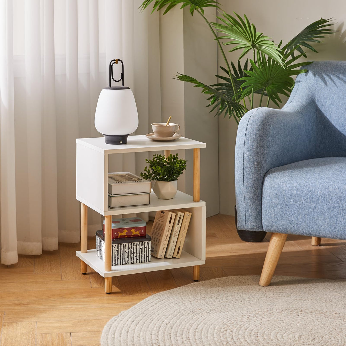 Aibiju White Night Stand with Open Storage Shelf, Wood Nightstand S Shape, Bed Side Table 3 Tier 20 inch high, End Table White/Natural Wood YD-TM152W Aibiju