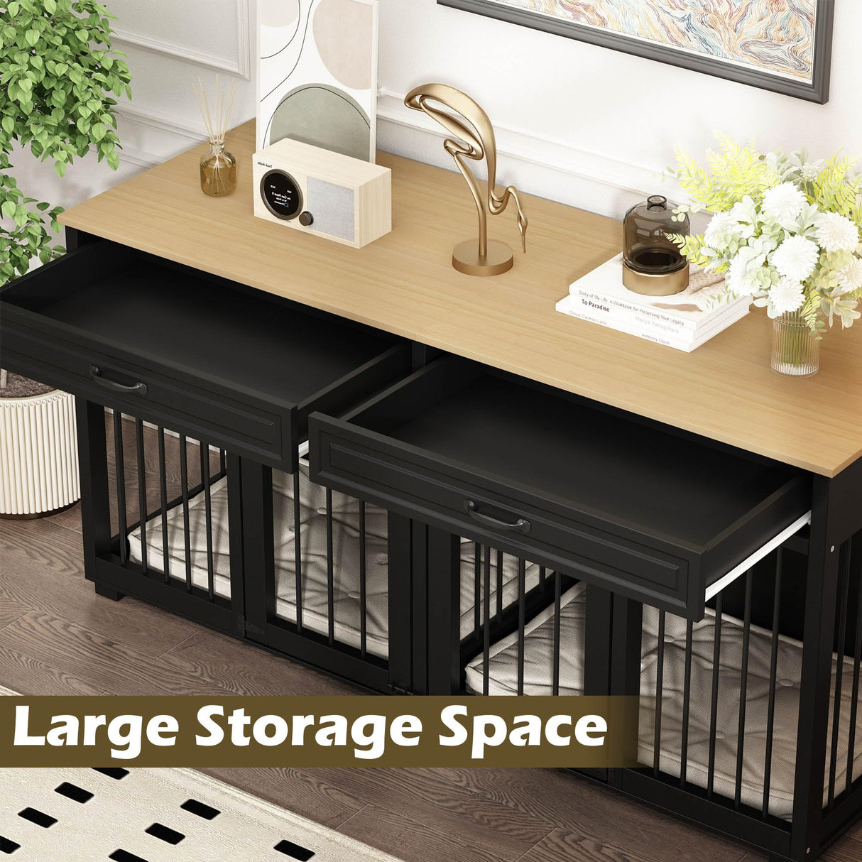 DAWNSPACES Dog Kennel Furniture, 64.6 Inch Heavy Duty Wooden Large Furniture Style Dog Crate with Drawers & Divider, Indoor Dog House TV Stand with Double Rooms for Medium Small Dogs, Black DAWNSPACES