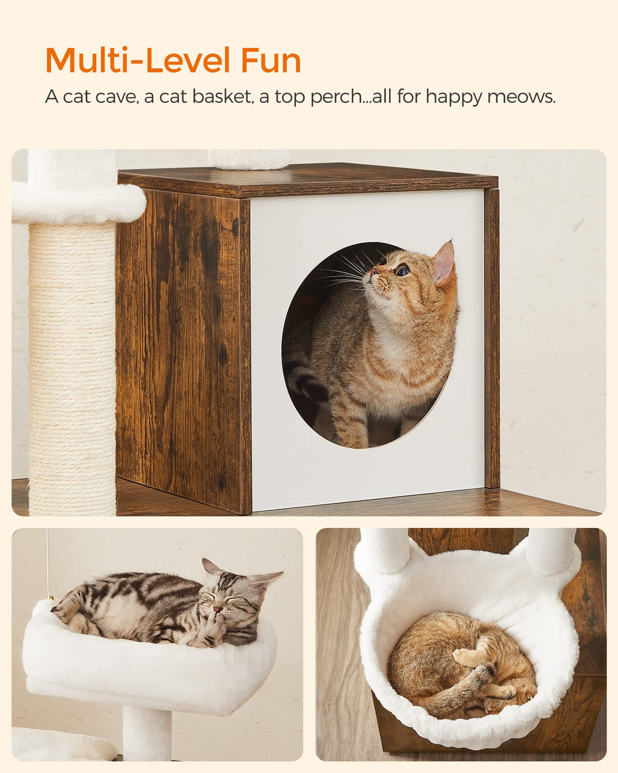 Feandrea Cat Tree with Litter Box Enclosure, 2-in-1 Modern Cat Tower, 55.1-Inch Cat Condo with Scratching Posts, Removable Pompom Sticks, Rustic Brown UPCT113X01 Feandrea