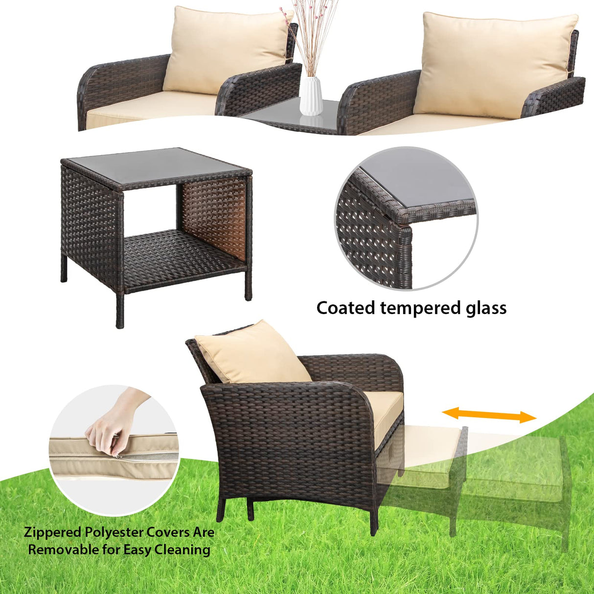 LEVELEVE Balcony Furniture 5 Piece Patio Conversation Set, PE Wicker Rattan Outdoor Lounge Chairs with Soft Cushions 2 Ottoman&Glass Table for Porch, Lawn-Brown Wicker LEVELEVE