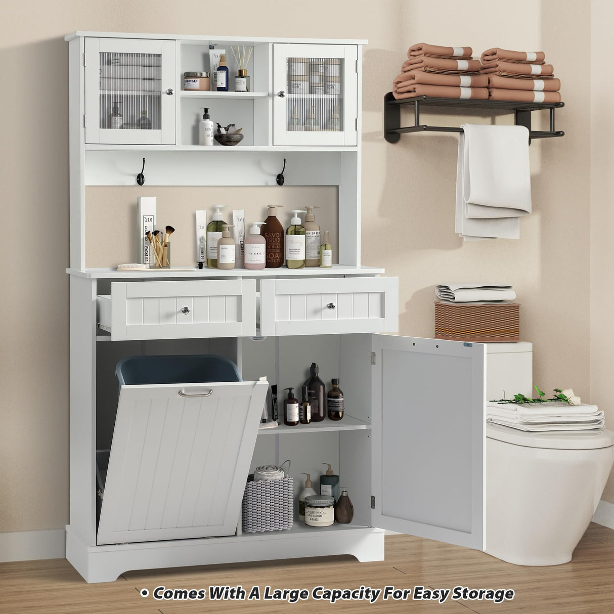 YOCONYO Tilt Out Trash Cabinet,Storage Cabinet,Two Solid Wood Hideaway Trash Holder Drawers,Wooden Freestanding Recycling Cabinets,Trash Can for Kitchen,White YOCONYO