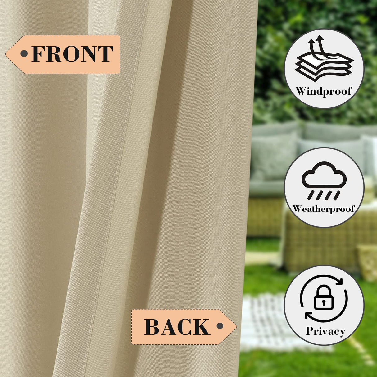 BONZER Outdoor Curtains for Patio Waterproof, Tab Top Weatherproof Outside Curtains for Porch, Pergola, Gazebo, Cabana, Pavilion, 1 Panel, 52x84 Inch, Beige BONZER