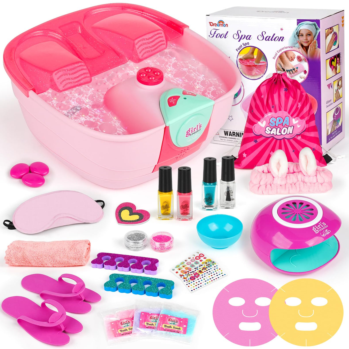 Kids Foot Spa & Nail Kit - Kids Spa Day Kit for Girls with Mask Foot Bath and Nail Dryer - Manicures Pedicure Toy Kit Nail Art Salon Girl Stuff - Christmas Birthday Gifts for 6 7 8 9 10-12 Year Old Dreamon