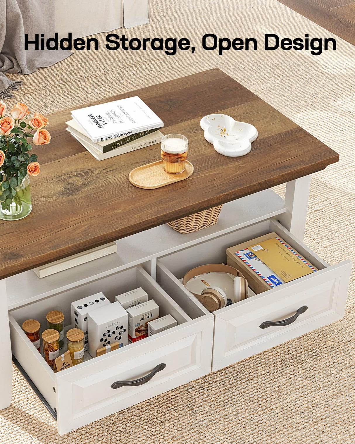 Marsail Farmhouse Coffee Table with Storage, 39.4" Wood Coffee Table for Living Room, Rustic Center Table with 2 Drawers, Open Display Area, Brown&White Marsail