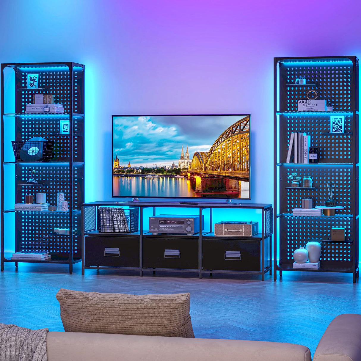 Saudism Glass Display Shelf for Collectibles, LED Black Shelf, Curio Cabinet, Lighted Tall Narrow Shelf with Pegboard Steel Frame for Gaming Room, Floor Lamp with Shelf, Living Room, Bedroom, Large Saudism