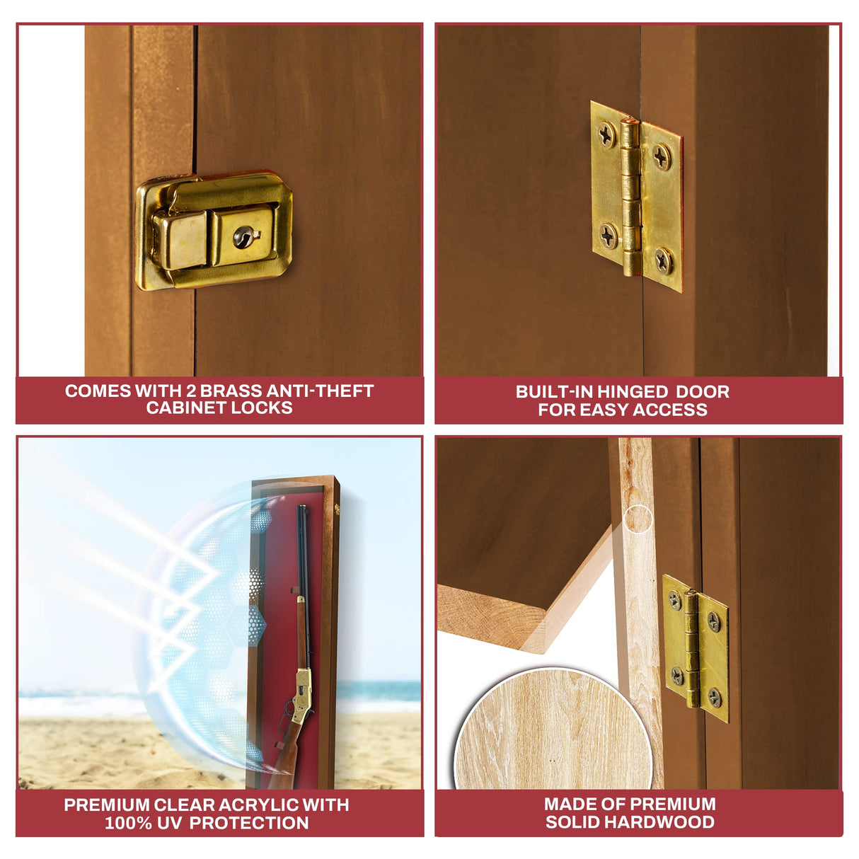 PENNZONI Gun Display Case - Lockable Rifle Display Case - Gun Cabinets for Rifles & Shotguns - Sword Wall Mount, Gun Wall Mount Display Case w/ Acrylic Door | Walnut, Red Felt PENNZONI