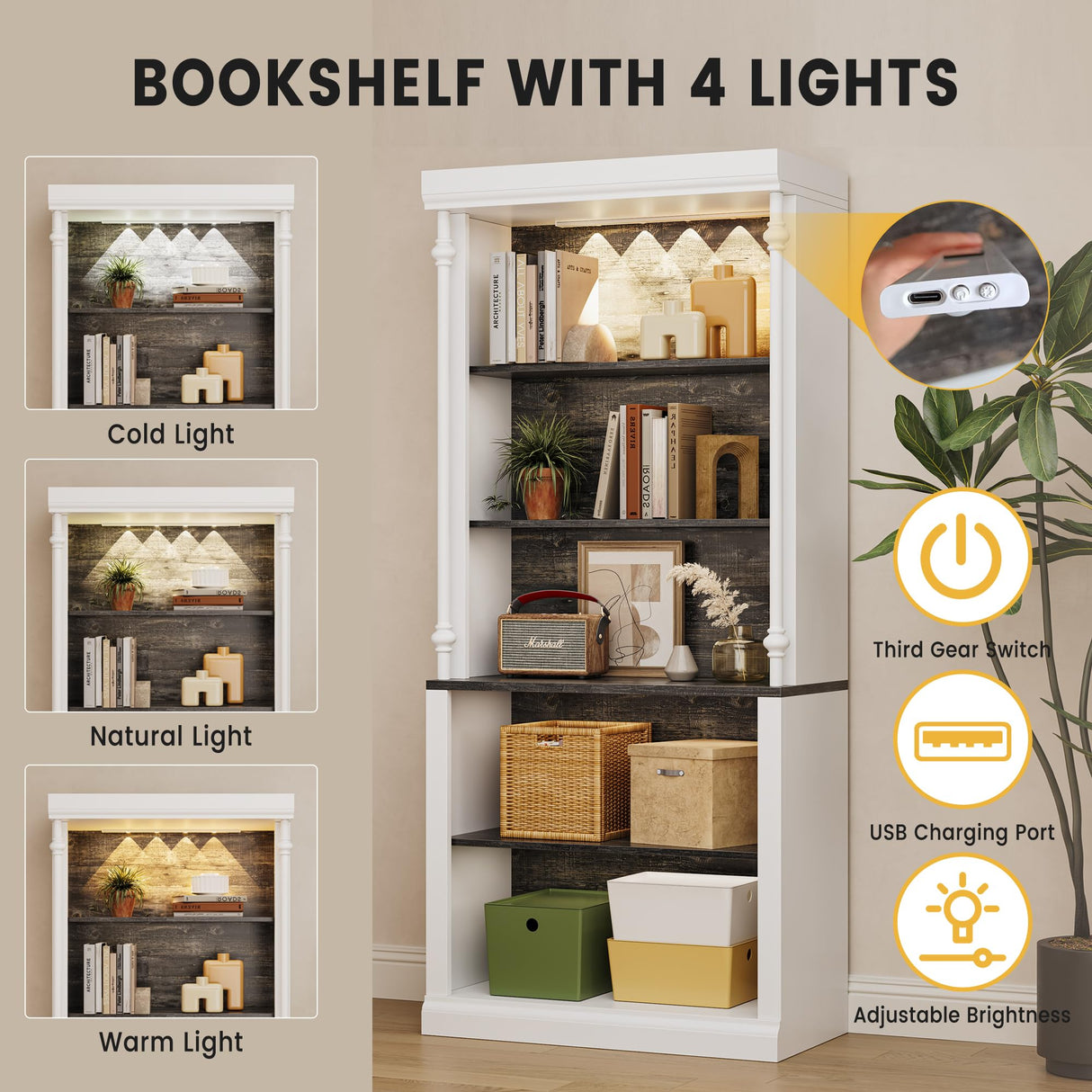 GAOMON 5-Tier Open Bookcase, Tall Roman Column Bookshelf with LED Lights, White & Black Wood Grain Adjustable Book Shelves, Freestanding Display Storage Organizer for Home Office, Living Room GAOMON