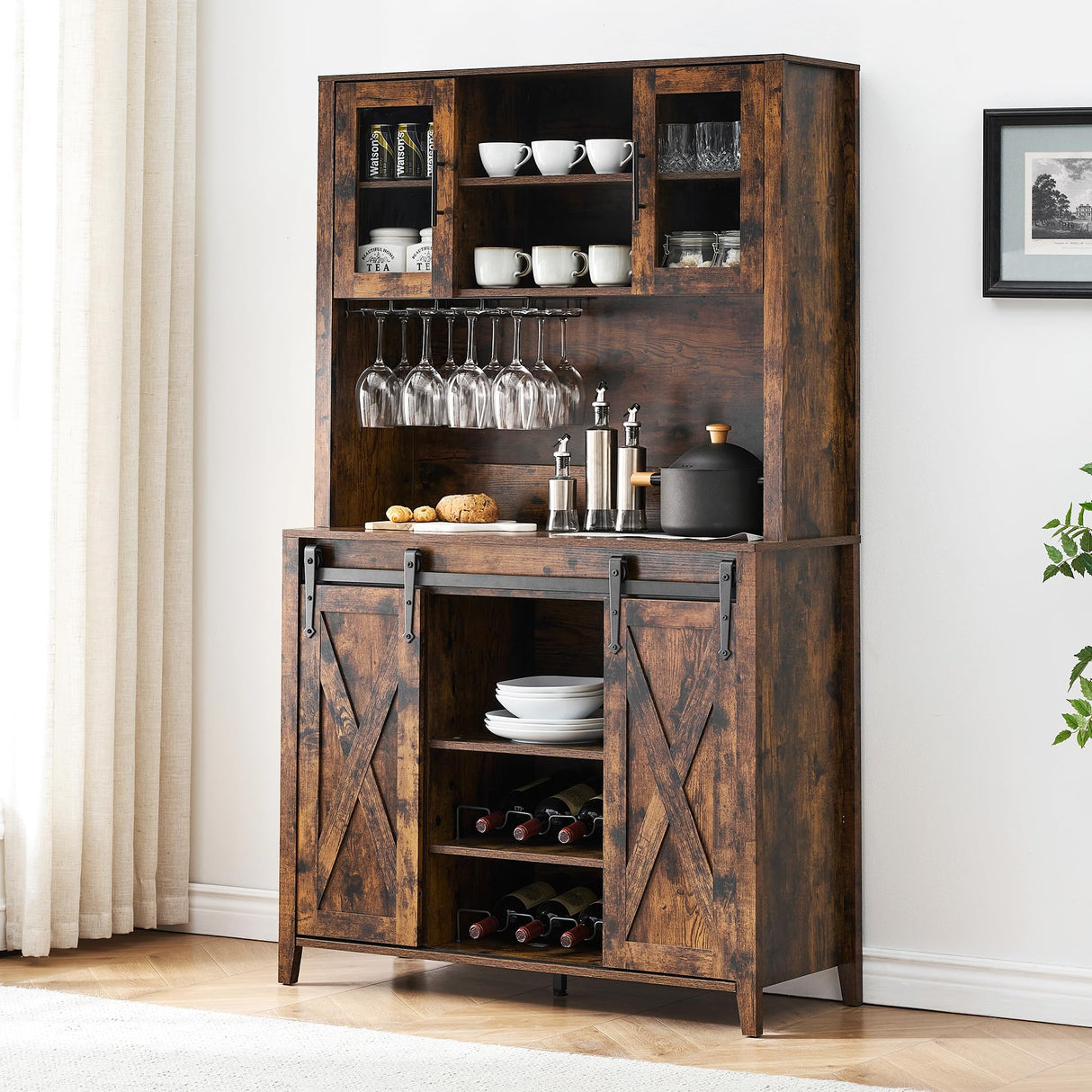 IDEALHOUSE Farmhouse Coffee Bar Cabinet with Sliding Barn Door, 72" Tall Buffet Cabinet with Storage Shelves, Liquor Cabinet with Wine and Glasses Rack,Sideboard Cupboard for Kitchen,Dining Room,Brown IDEALHOUSE