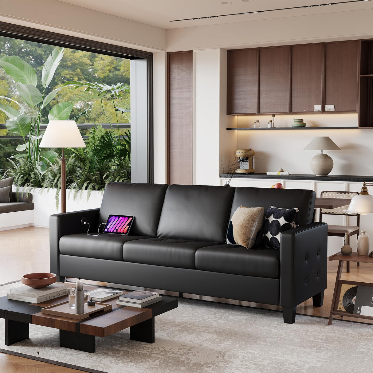 STHOUYN 73” Black Faux Leather Sofa Couch, Modern Comfy Office 3 Seater Couch Loveseat with USB and Tufted Armrest, Small Love Seat Couches for Living Room, Bedroom, Apartment STHOUYN