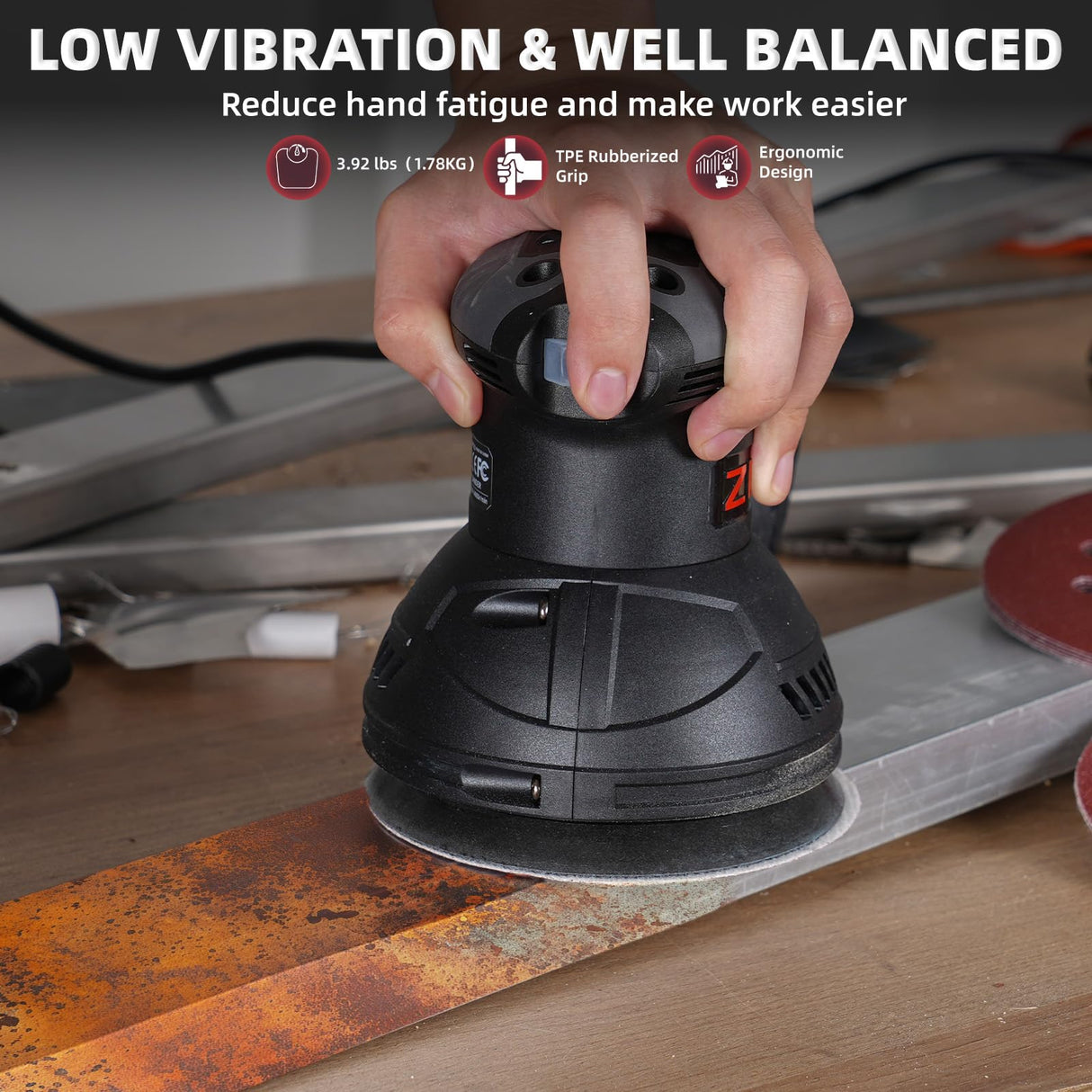 ZKH Random Orbital Sander, 6 Speeds 2.5A sander tool, 7000-14000 RPM, 5-inch Electric Sander Kit with 30pcs Sandpapers, Dust Collector, Ideal Power Palm Sander for Woodworking ZKH