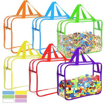 6 Packs Large Toy Storage Bags with Labels, Reusable Clear PVC Board Game Storage, Travel Waterproof Organizer Bags with Zipper for Building Blocks, Puzzle, Kids Books(6 Colors)
