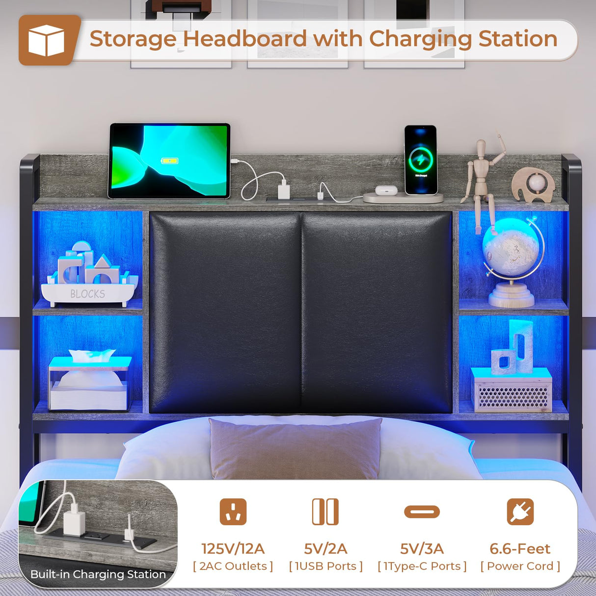 VIAGDO Twin Bed Frame with LED Lights, Upholstered Storage Headboard, Charging Station, and Drawers VIAGDO