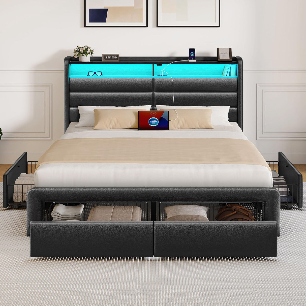 Seventable Queen Size Bed Frame with 4 Storage Drawers & Charging Station, Upholstered Platform Bed with Storage Headboard and LED Light, No Box Spring Needed, Noise Free, Easy Assembly, Black Seventable