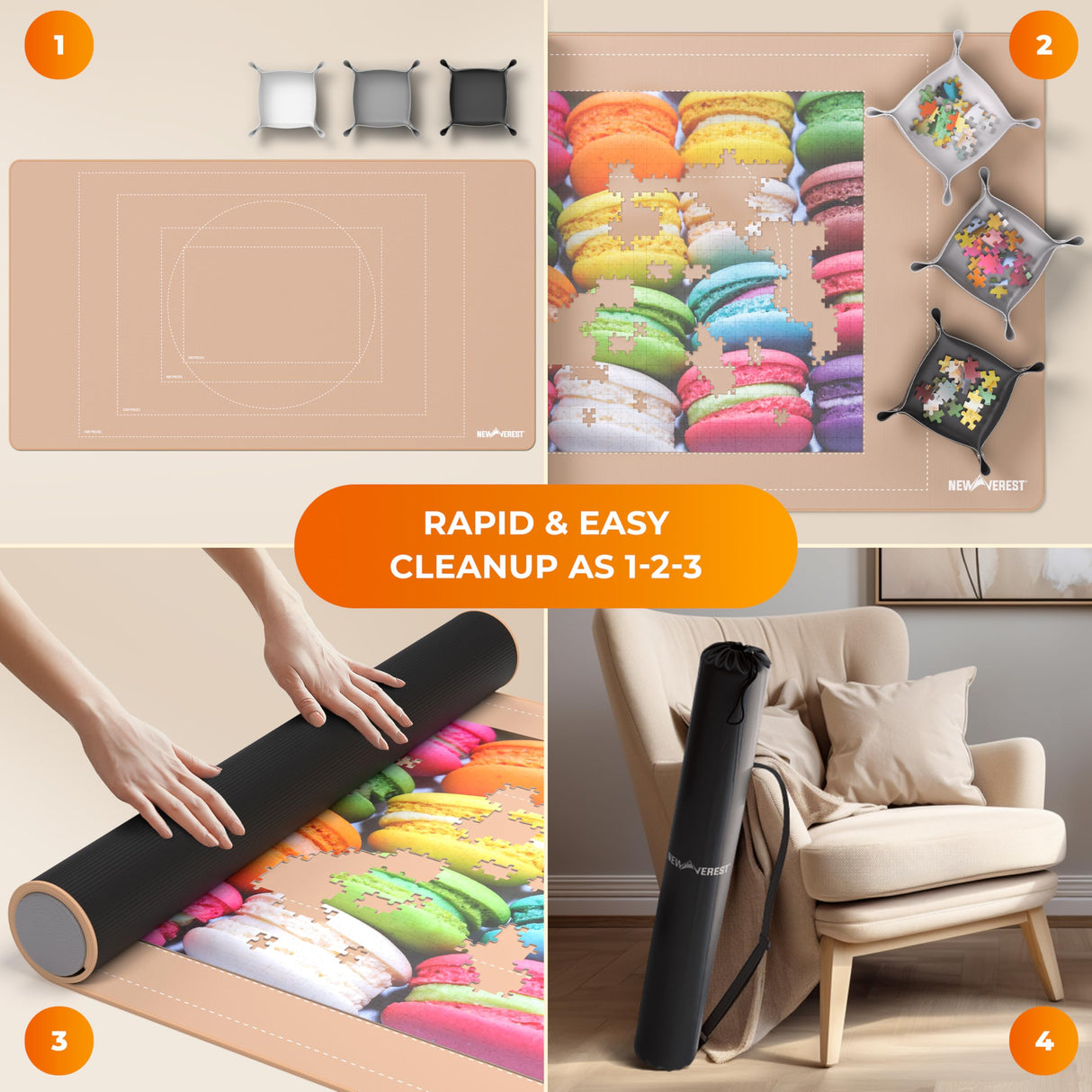 The Original Newverest Jigsaw Puzzle Mat Roll Up, Rose Gold, 46” x 26” Portable Keeper Up to 1500 pieces with Non-Slip Rubber Bottom & Smooth Top + 3 Puzzle Sorting Trays & Travel-Friendly Storage Bag Newverest