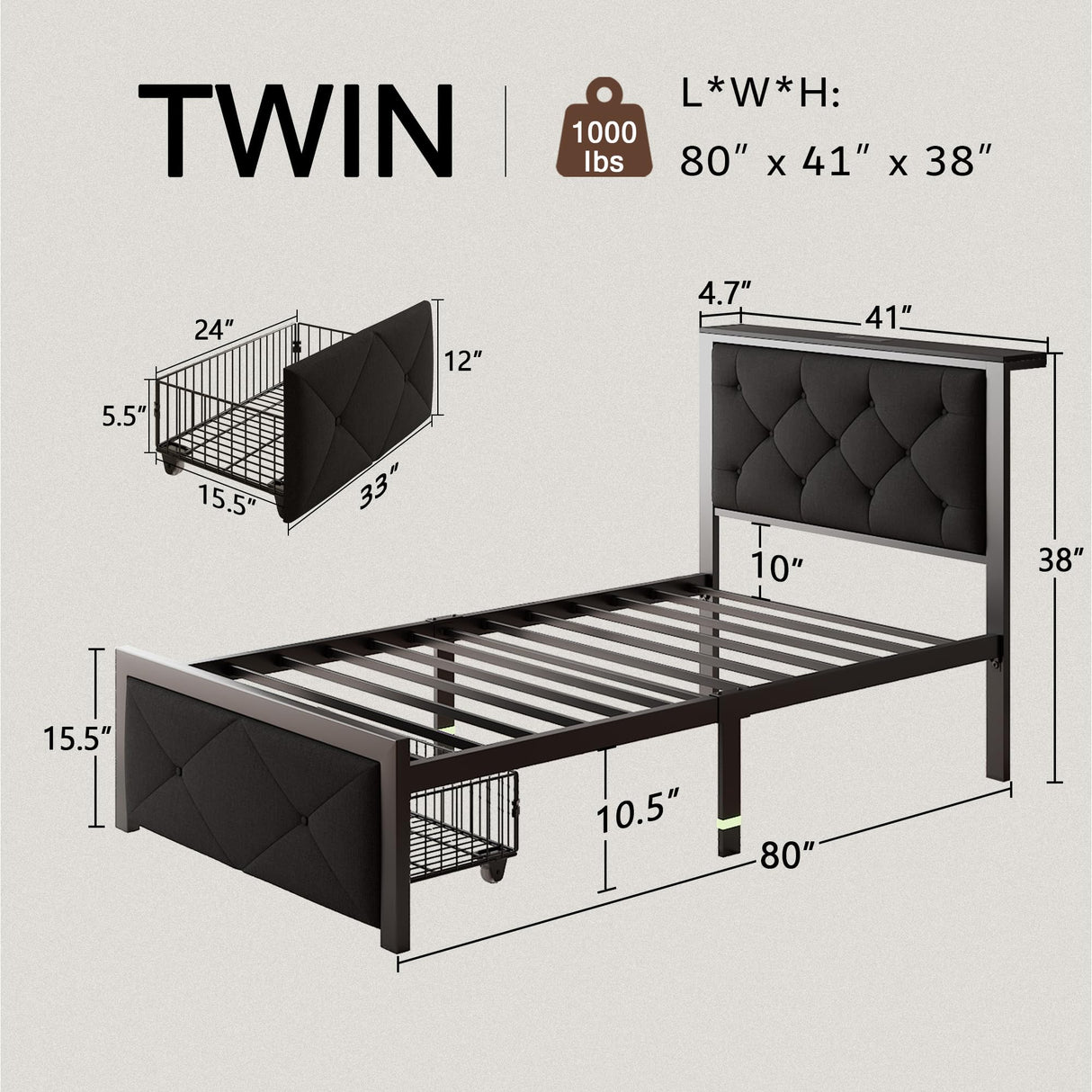 Einhomn Twin Bed Frame with Storage Drawer, Metal Platform Bed with Charging Station, Upholstered Button Tufted Storage Headboard, No Box Spring Needed, Noise-Free, Easy Assembly, Black Einhomn