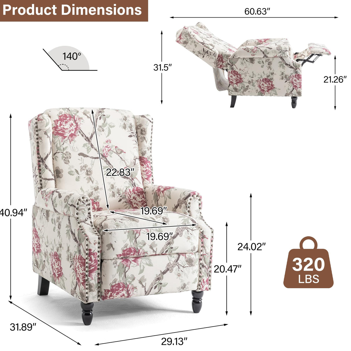Pushback Recliner Chair Set of 2, Floral Fabric Wingback Recliner Chair, Upholstered Armchair Push Back Recliner, Rivet Trim Single Sofa Accent Chair with Wood Legs for Living Room, Plants Floral Lumibee