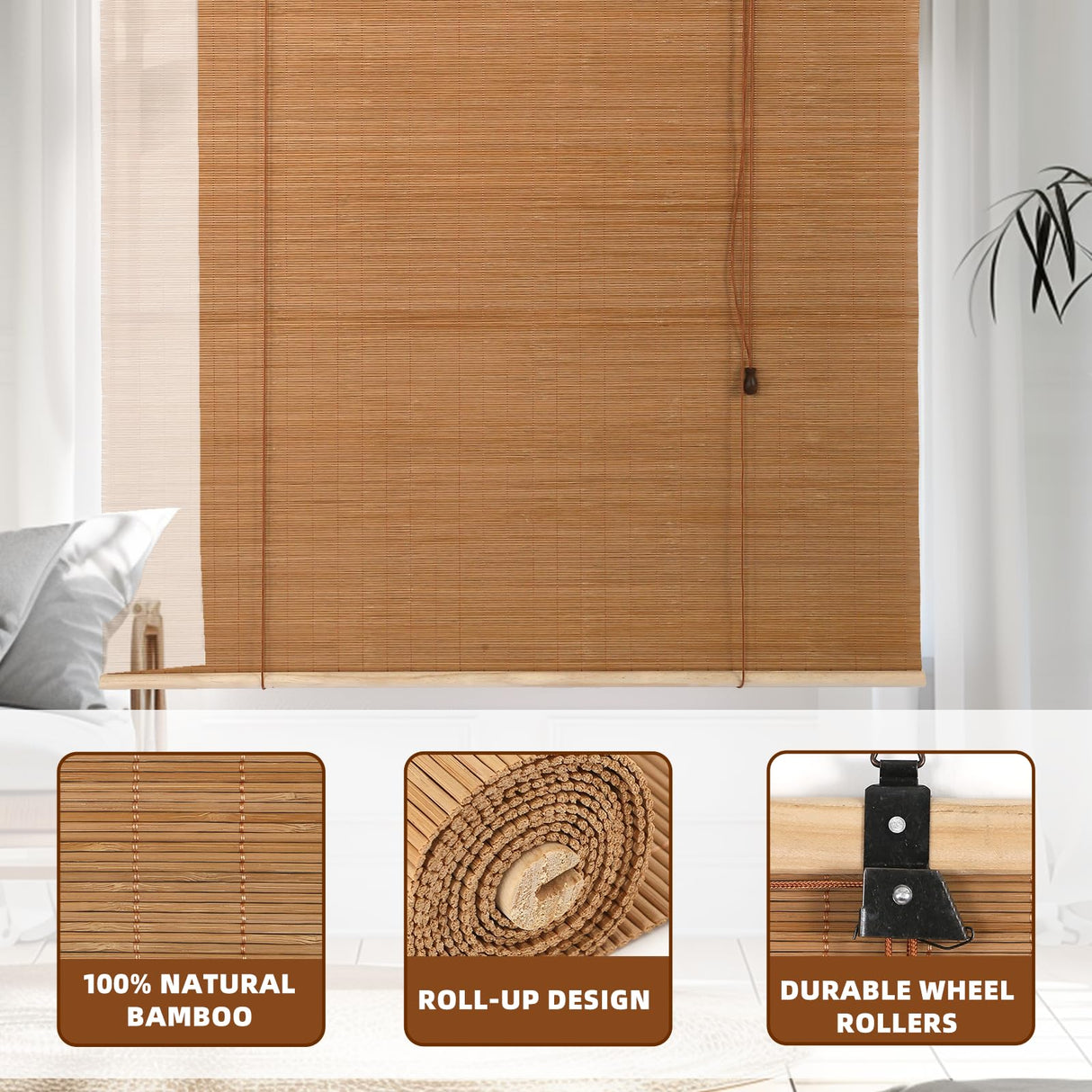 CSBWDLT Bamboo Roller Blinds Shades, Vertical Lifting and Breathable Waterproof Design, Sun Shade and Ventilation, Easy Installation,48" Wx72 H CSBWDLT