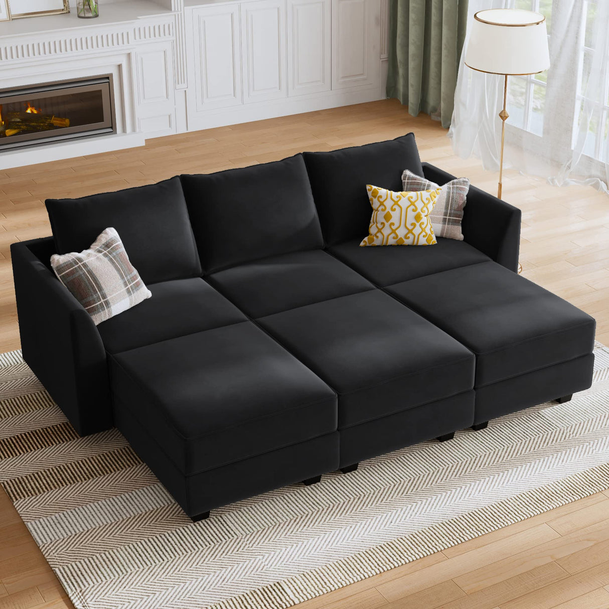 HONBAY Modular Sofa Sectional Sleeper Couch with Ottoman Velvet 6 Seater Sofa with Storage Seat Convertible Sectional Sofa Couch Set for Living Room, Black HONBAY
