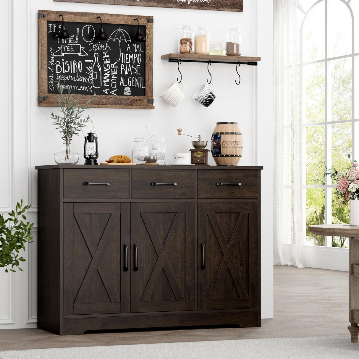 HOSTACK Modern Farmhouse Buffet Sideboard Cabinet, Barn Doors Storage Cabinet with Drawers and Shelves, Wood Coffee Bar Cabinet with Storage for Dining Room, Kitchen, Living Room, Dark Brown HOSTACK