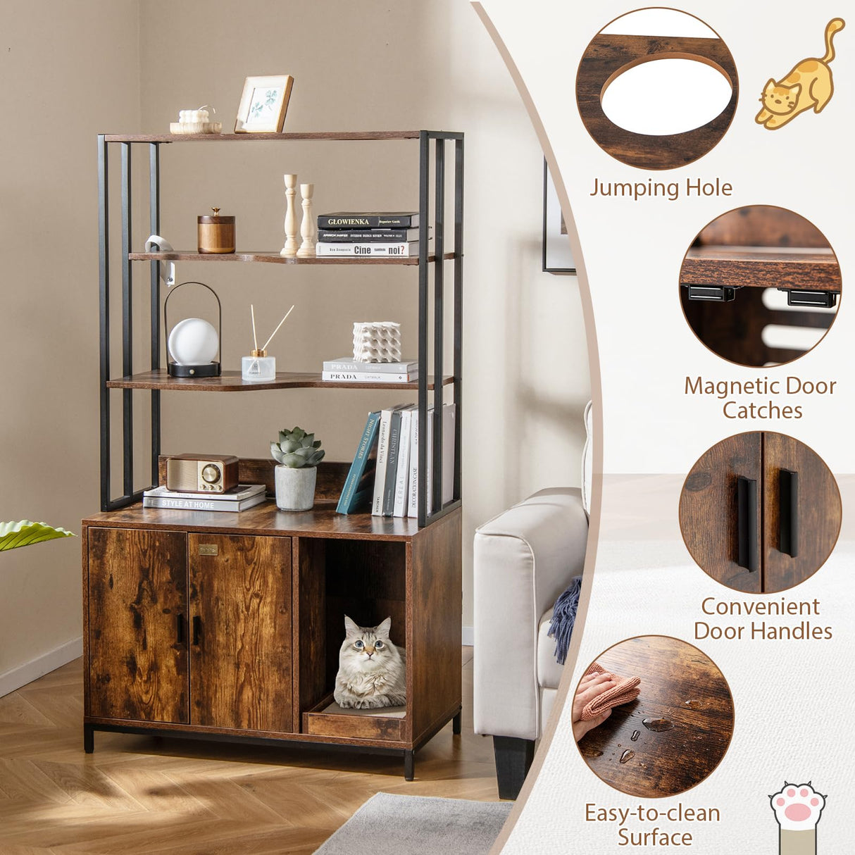 PETSITE Cat Litter Box Furniture with 3 Shelves and Doors, 61 inch Tall Cat Box Enclosure with Display Shelves, Scratching Pad, Indoor Hidden Litter Box with Decorative Storage Shelving (Rustic Brown) PETSITE