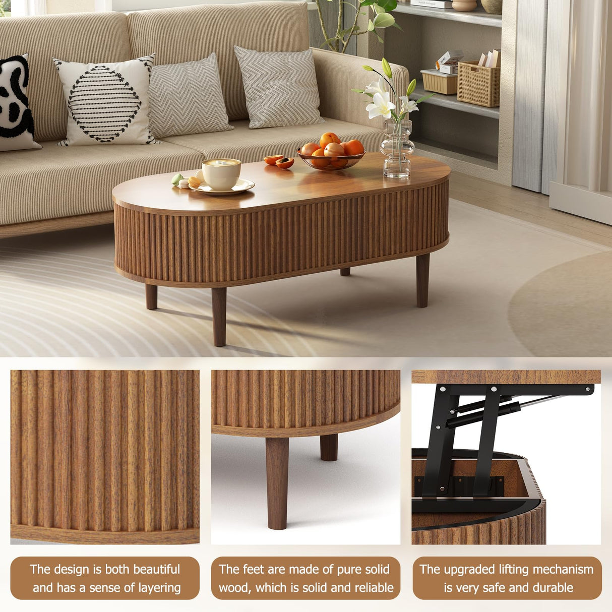 Ludatido 39 Inch Lift Top Coffee Table with 3 Storage for Living Room, Oval Coffee Table with Hidden Compartment, Fully Wooden Center Easy to Assembled for Home Living Room Office Brown Ludatido