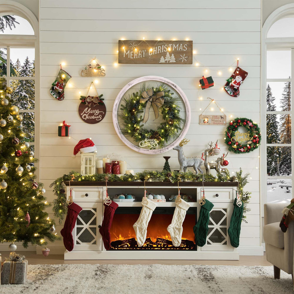 Farmhouse Fireplace TV Stand with 36" Electric Fireplace for 80 Inch TVs, 31" Tall Entertainment Center w/Drawer & Diamond Panel Door, Highboy Media Console for Living Room, 70inch, White IFGET