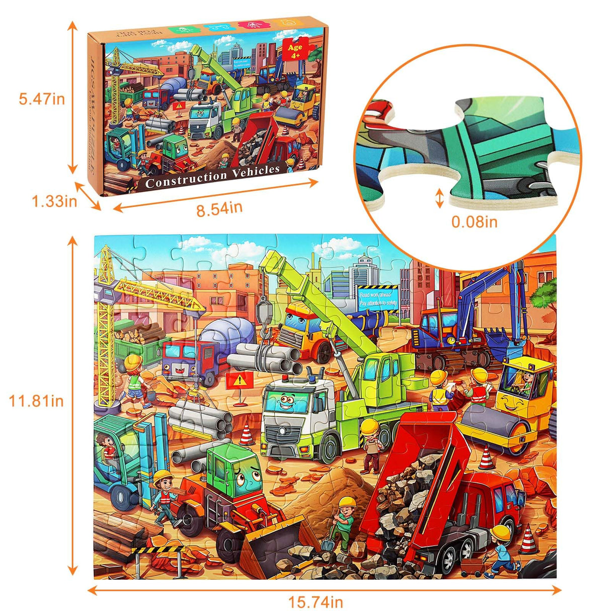Large Piece Jigsaw Puzzles for Kids Ages 4-6 6-8 8-10 Year Old 100 Pieces Jigsaw Puzzles for Kids Construction Engineering Vehicle Puzzles Educational Toys Gift for Children Boys Girls Ages 4-10 TOCHILD