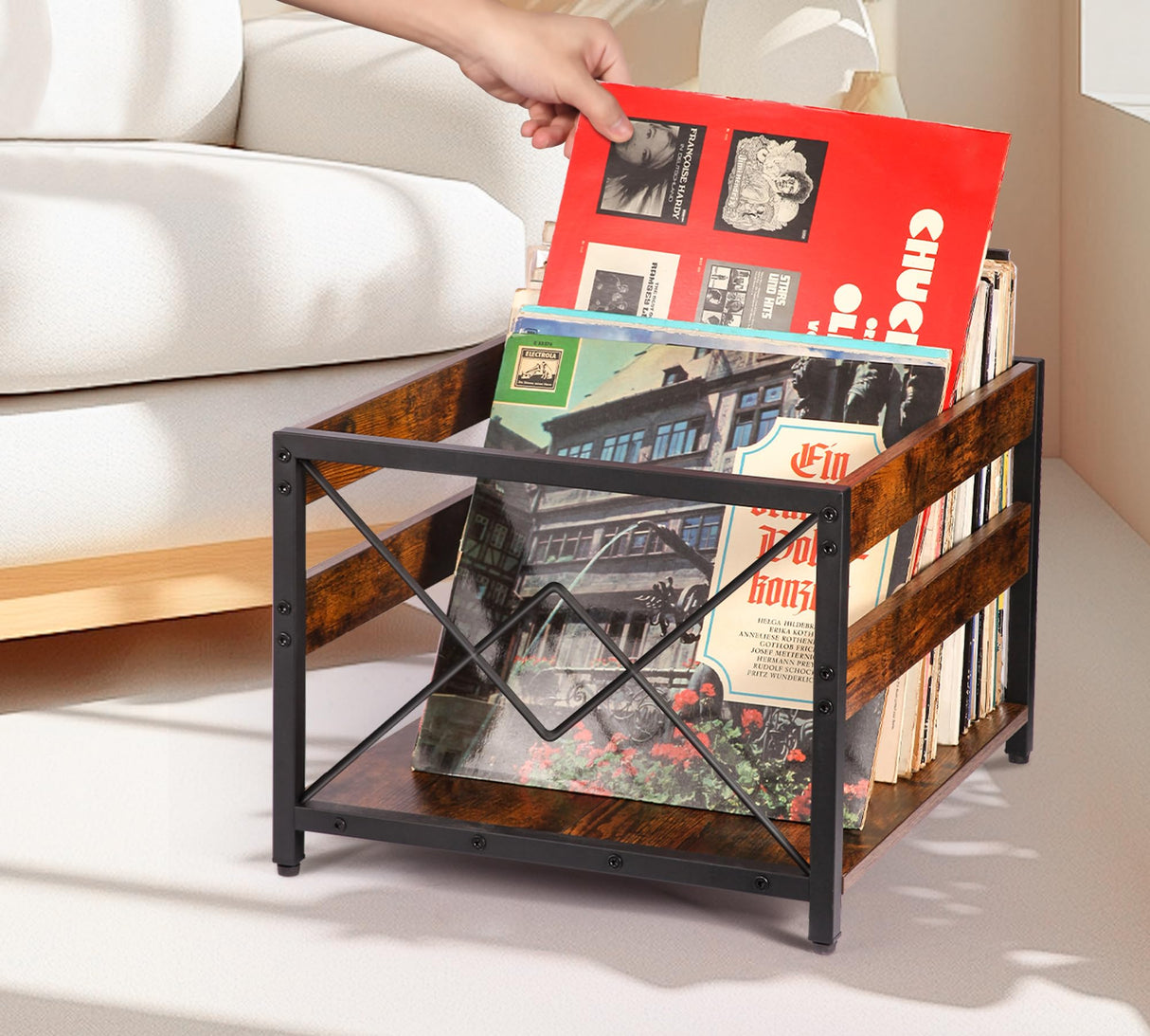 Y&M Vinyl Record Storage Crate, Wooden Storage Box, Classic Cube CD Albums Shelf Holder Organizer, Holds Up to 100+ Records, Magazine Rack for Desktop, Home, Office, Brown Y&M