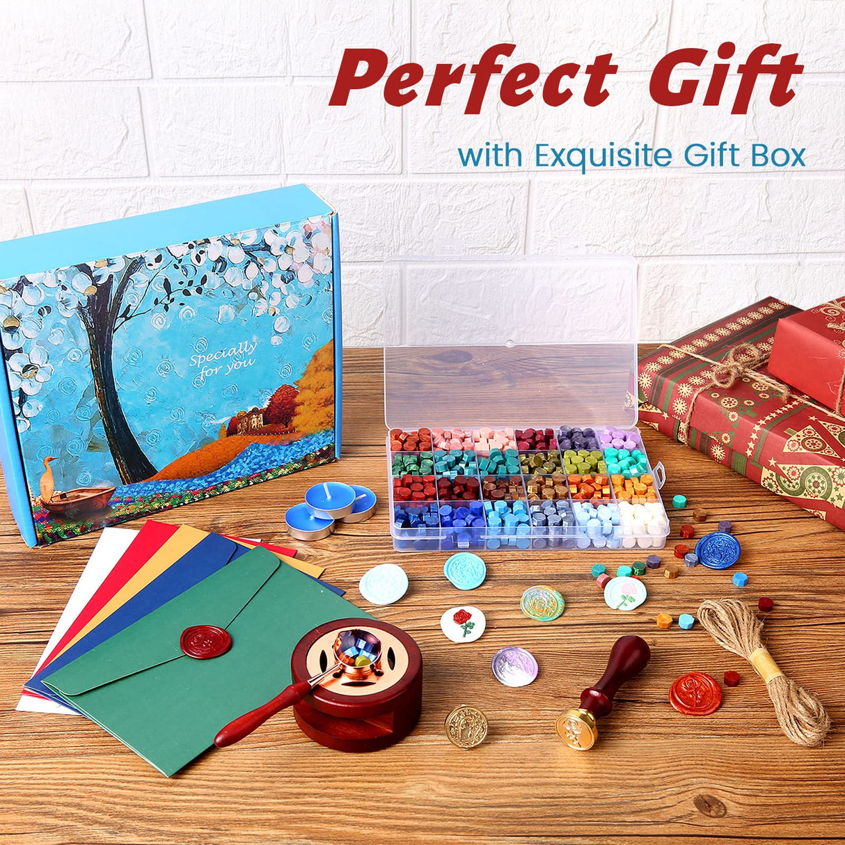 Comealltime Wax Seal Kit with Gift Box, 624 Pcs 24 Colors Sealing Beads, 2 Pcs Stamps, Sealing Wax Warmer, Metallic Pen, Envelope, Candles for Wedding Birthday Gift and DIY Craft, Sellado de Cera Comealltime