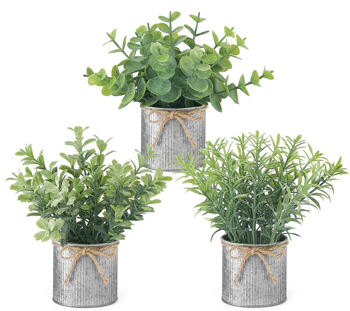 Mkono Mini Fake Plants in Farmhouse Galvanized Metal Pots 3 Pack Small Potted Artificial Plant Eucalyptus for Laundry Room Bathroom Shelf Table Decor Mkono