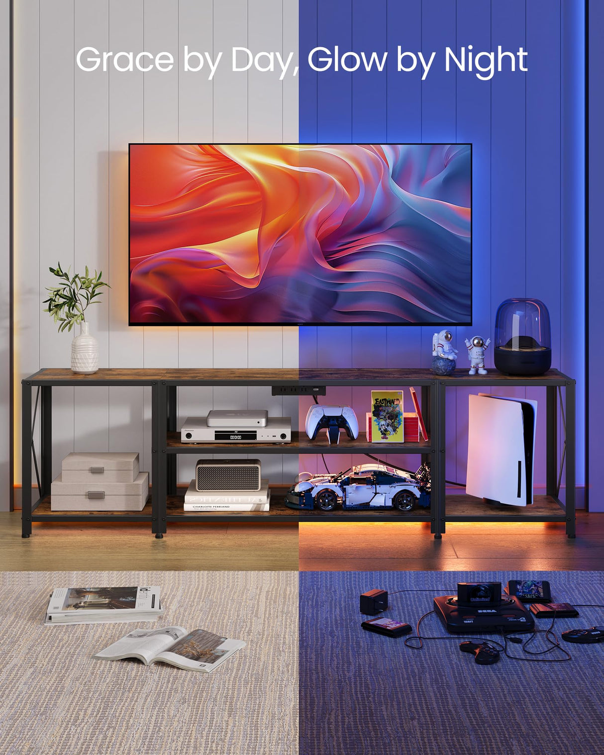 VASAGLE TV Stand with Power Outlets and LED Lights, for TVs up to 75 Inches, Entertainment Center with Open Storage Shelves, TV Console Table for Living Room, Rustic Brown and Ink Black ULTV122K01 VASAGLE