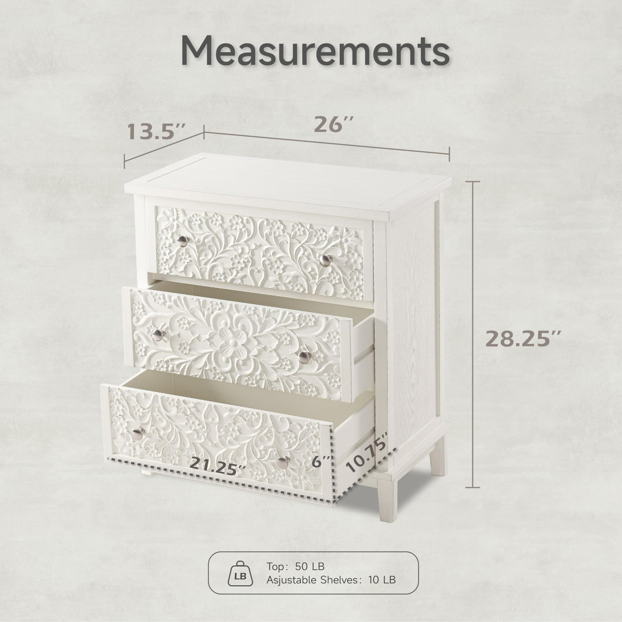 COZAYH 3-Drawer Fully-Assembled Flower Motif Dresser for French Country, Farmhouse, Modern, Rustic Style, Distressed Finish, White-Washed COZAYH