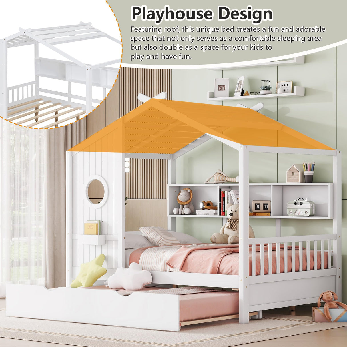 Harper & Bright Designs Kids Full Size House Bed with Trundle & Storage Shelf, Wood Full Size Platform Bed Frame with Roof, House Bed for Boys, Girls, White Harper & Bright Designs
