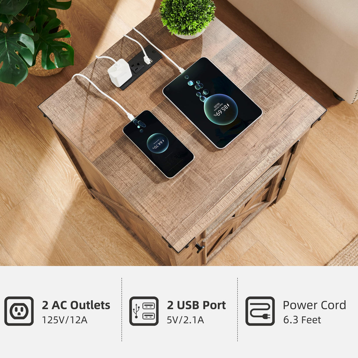 JXQTLINGMU Farmhouse End Table with Charging Station, 18'' Rustic Nightstand with Barn Door & Adjustable Shelf, Wooden Sofa Side Table with 3-Tier Storage for Living Room, Bedroom, Light Brown JXQTLINGMU